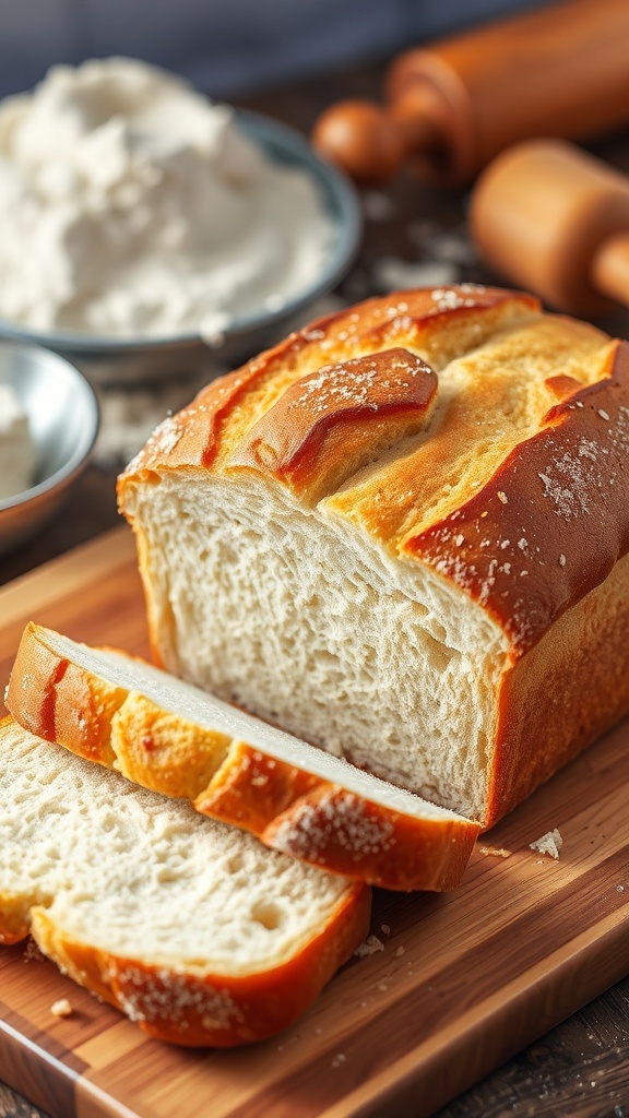 Freshly baked sourdough sandwich bread sliced on a wooden board.